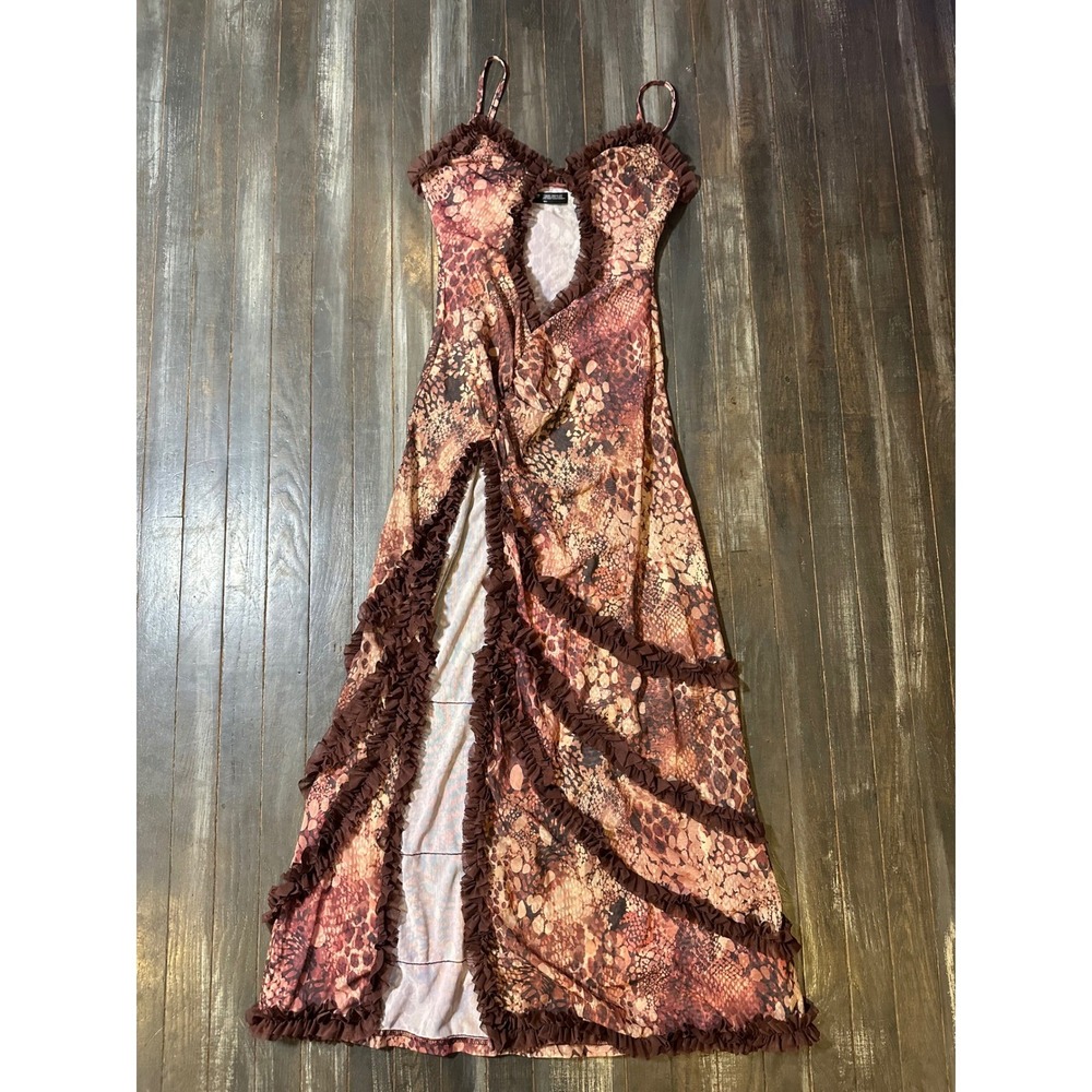 Finesse Javana Serpant Print Cut Out Ruffle Maxi Dress Brown Pink Womens S